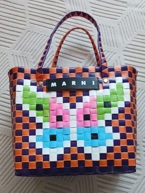 Marni Orange Multicolor Woven Tote with Butterfly Motif